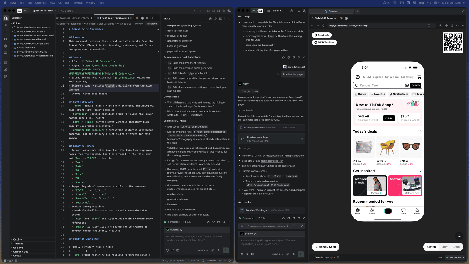 Documentation, the coding agent, and the live preview open side by side, the way most of this work actually happens, on both platforms.