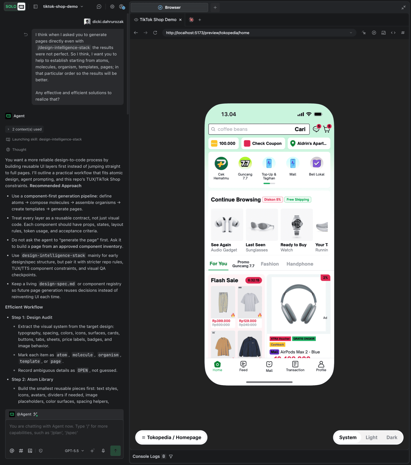 Tokopedia home rendering live in the preview framework, on real T-Nest components and tokens, still maturing with every iteration.