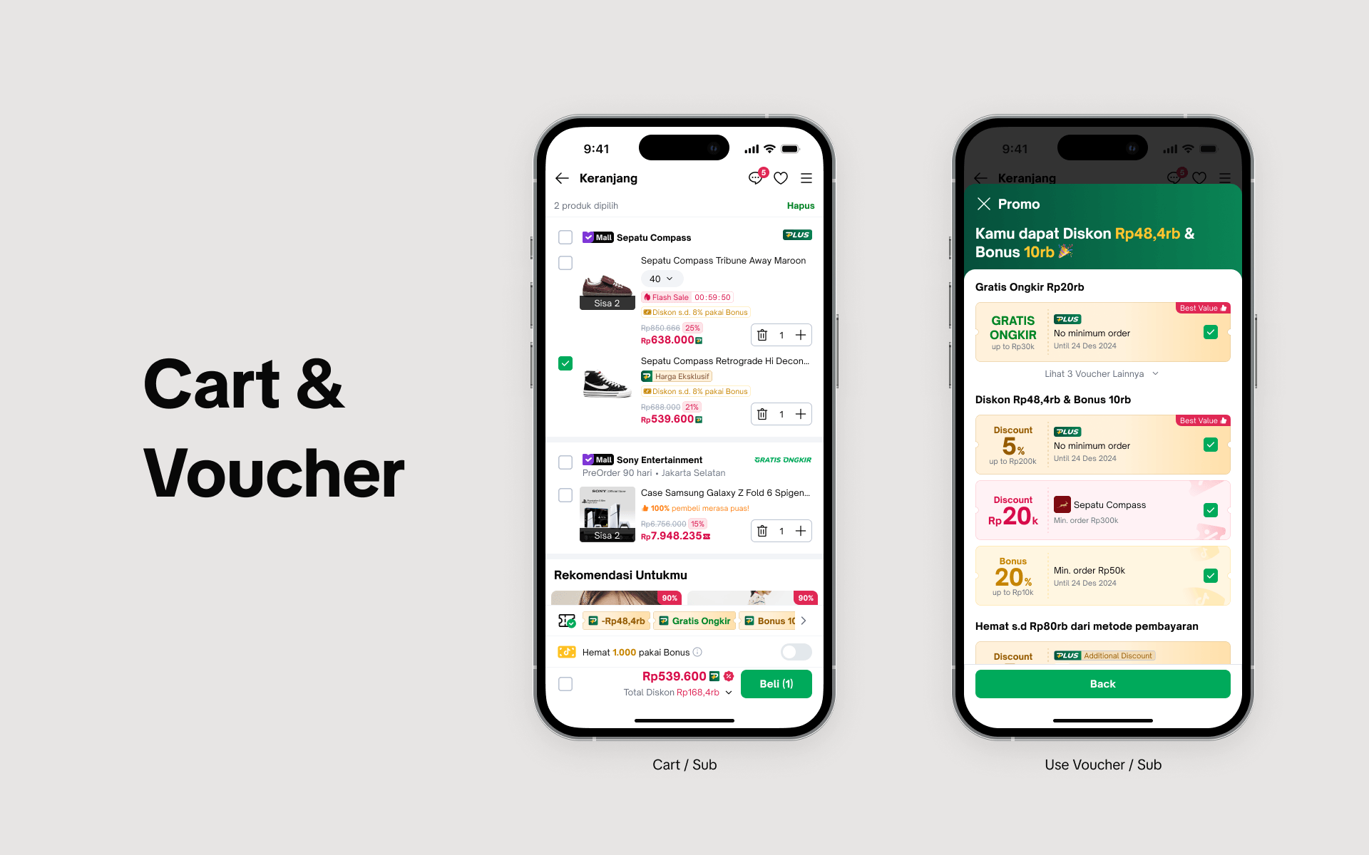 The cart itemises PLUS savings, marking each eligible product and totalling what membership takes off the bill.
