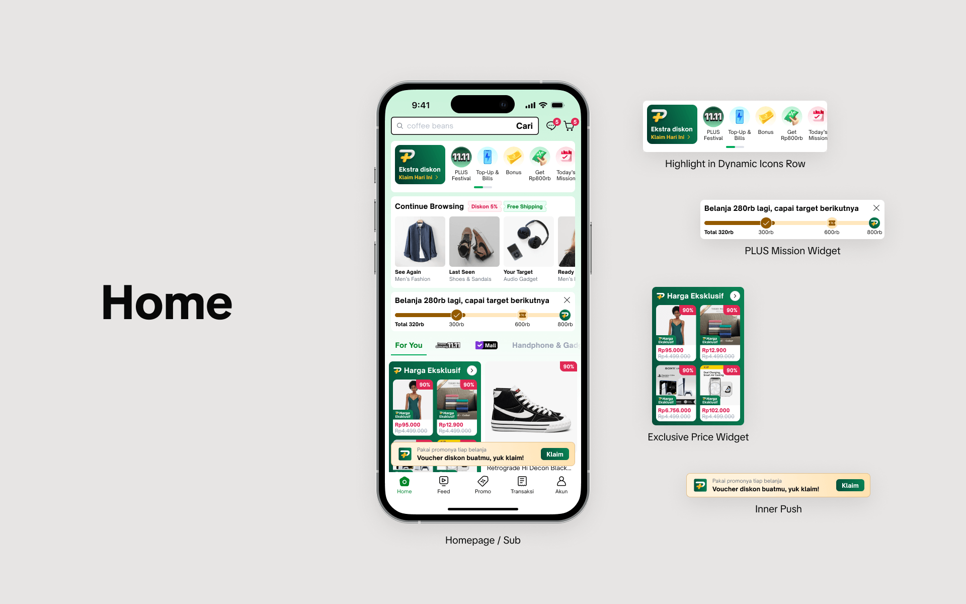 Homepage entry points surface PLUS in context, without crowding the other business lines competing for the same space.