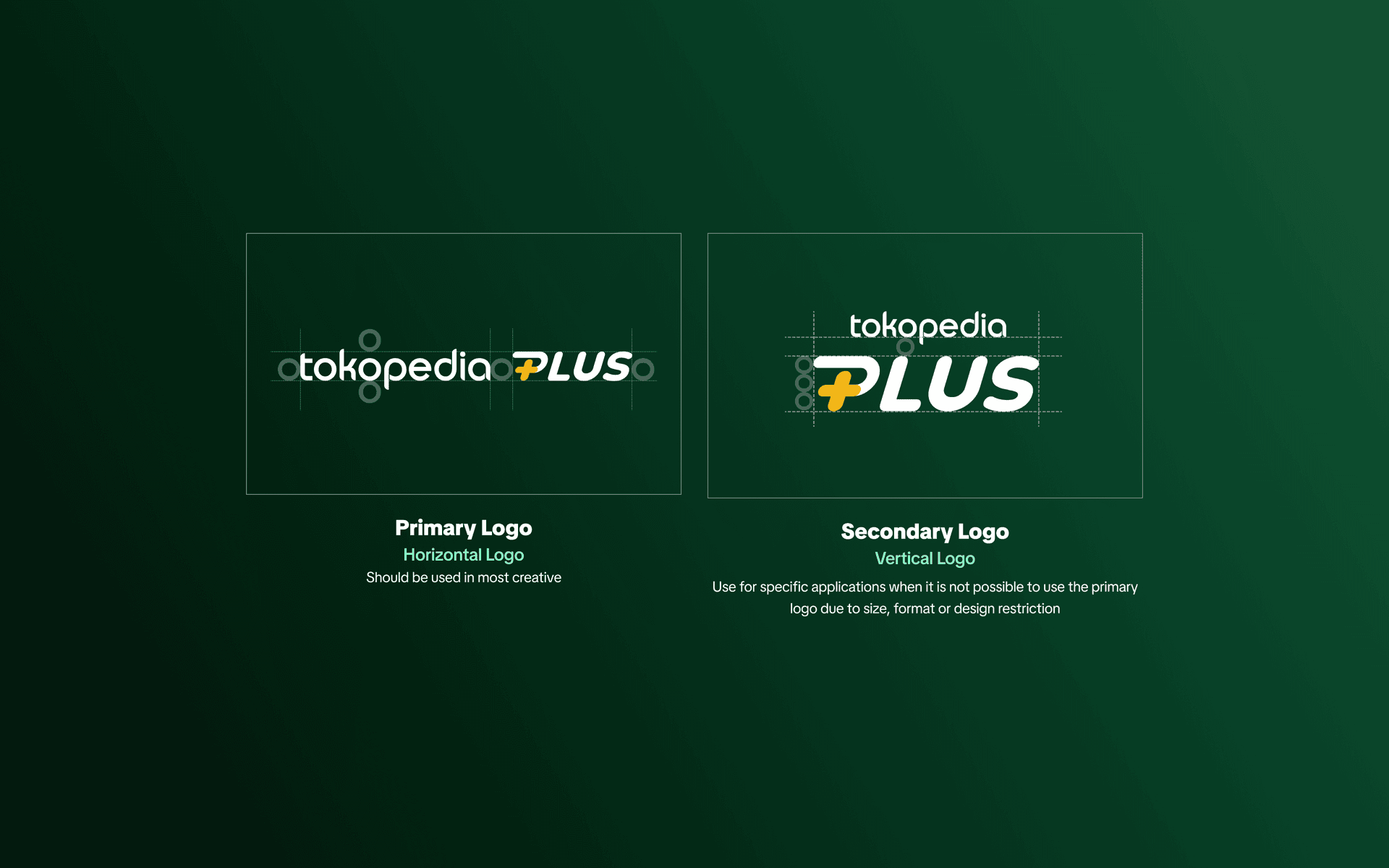 Primary and secondary logo lockups, with usage rules for each.