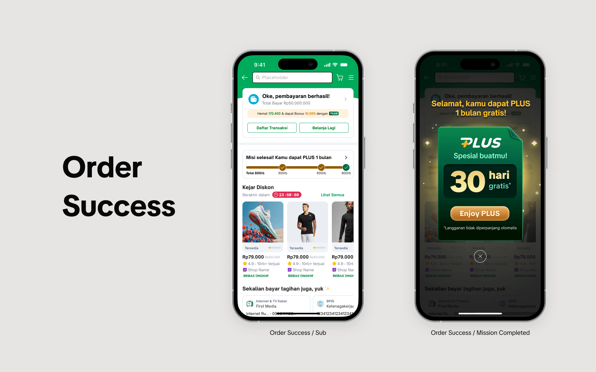 The confirmation page celebrates the saving and any mission progress at the moment of purchase, when it lands hardest.