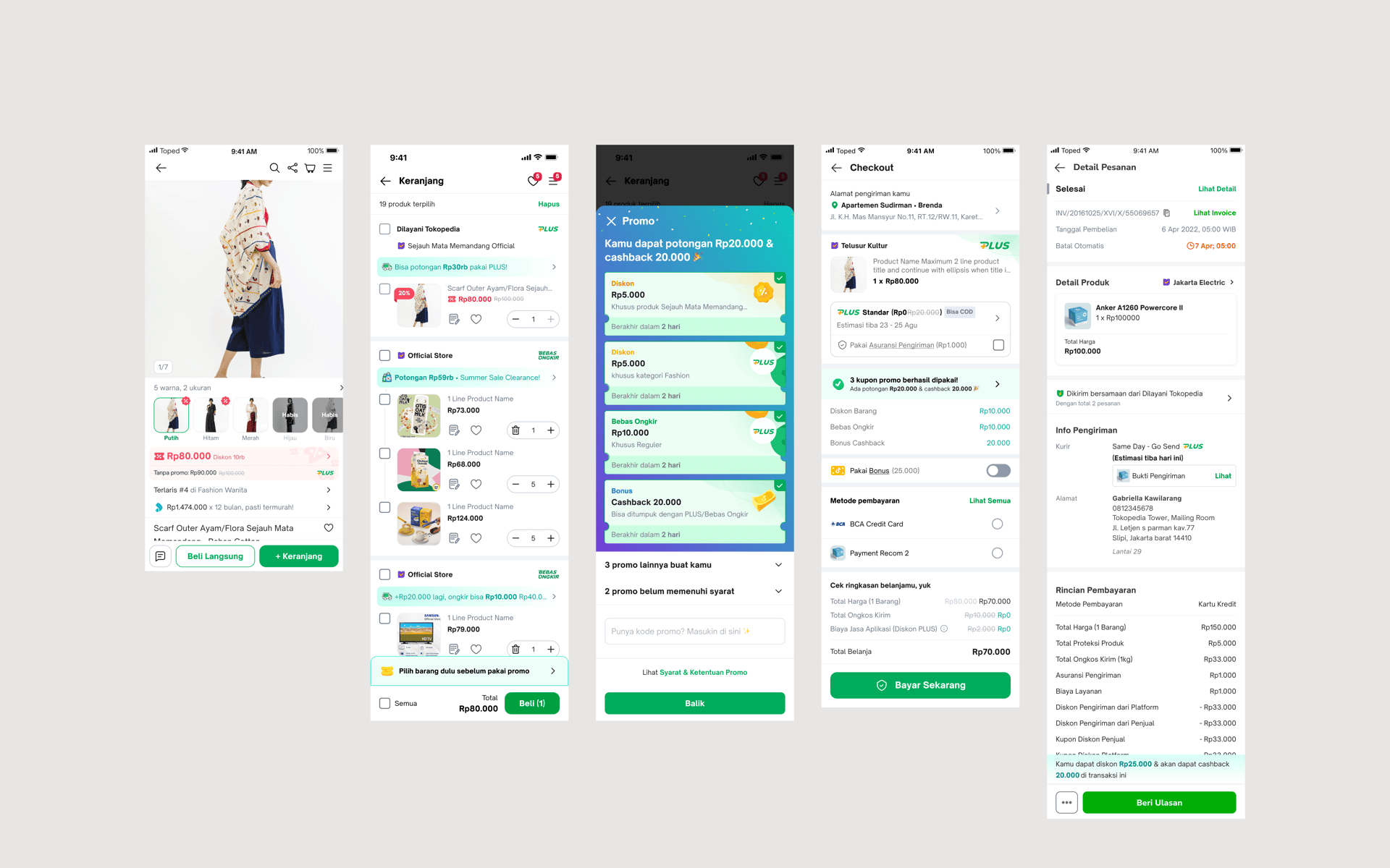 PDP, cart, voucher, checkout, and order detail carried the same thin treatment: no premium cue anywhere in the funnel.